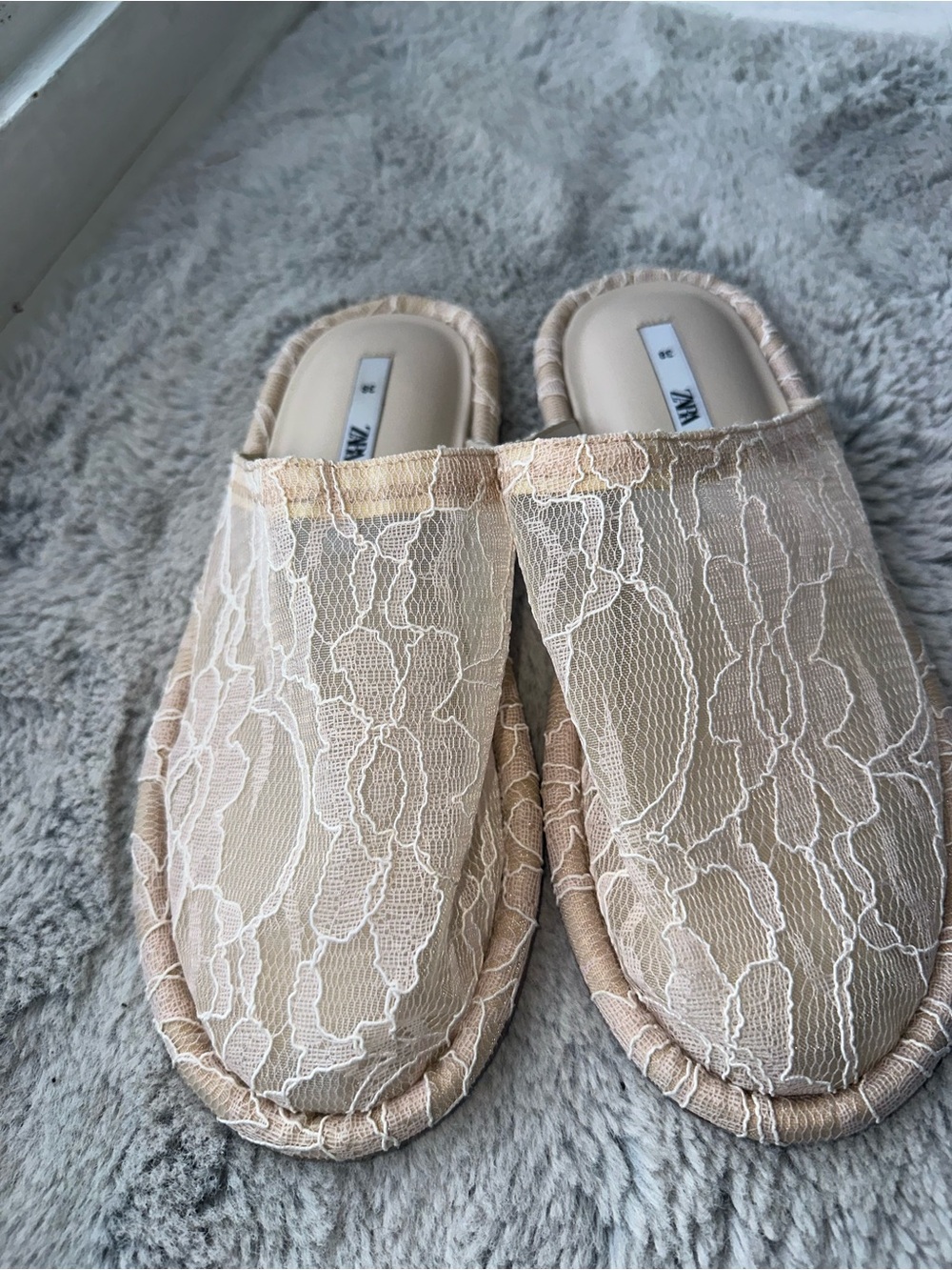 ZARA Lace Mules Cream Slip-On Flats Size 38